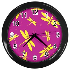 Purple And Yellow Dragonflies Pattern Wall Clocks (black)