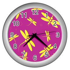 Purple And Yellow Dragonflies Pattern Wall Clocks (silver) 