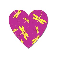 Purple And Yellow Dragonflies Pattern Heart Magnet by Valentinaart