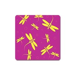 Purple And Yellow Dragonflies Pattern Square Magnet by Valentinaart