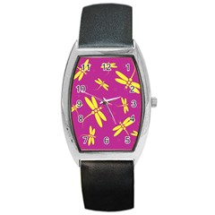 Purple And Yellow Dragonflies Pattern Barrel Style Metal Watch by Valentinaart