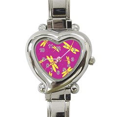 Purple And Yellow Dragonflies Pattern Heart Italian Charm Watch by Valentinaart