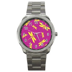 Purple And Yellow Dragonflies Pattern Sport Metal Watch