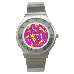 Purple And Yellow Dragonflies Pattern Stainless Steel Watch by Valentinaart