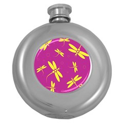 Purple And Yellow Dragonflies Pattern Round Hip Flask (5 Oz) by Valentinaart