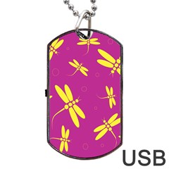 Purple And Yellow Dragonflies Pattern Dog Tag Usb Flash (one Side) by Valentinaart