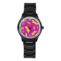 Purple And Yellow Dragonflies Pattern Stainless Steel Round Watch by Valentinaart