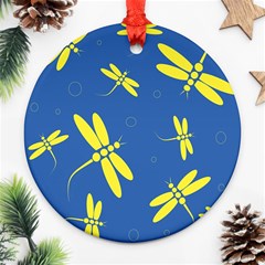 Blue And Yellow Dragonflies Pattern Ornament (round)  by Valentinaart