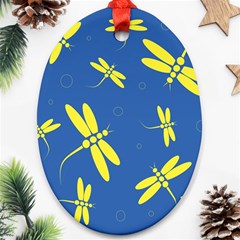 Blue And Yellow Dragonflies Pattern Ornament (oval)  by Valentinaart