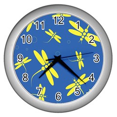 Blue And Yellow Dragonflies Pattern Wall Clocks (silver) 