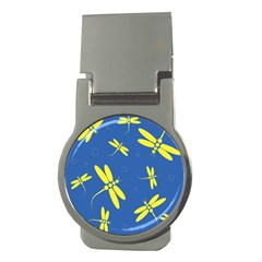 Blue And Yellow Dragonflies Pattern Money Clips (round)  by Valentinaart