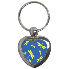 Blue And Yellow Dragonflies Pattern Key Chains (heart)  by Valentinaart