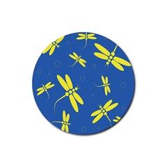 Blue And Yellow Dragonflies Pattern Rubber Coaster (round)  by Valentinaart