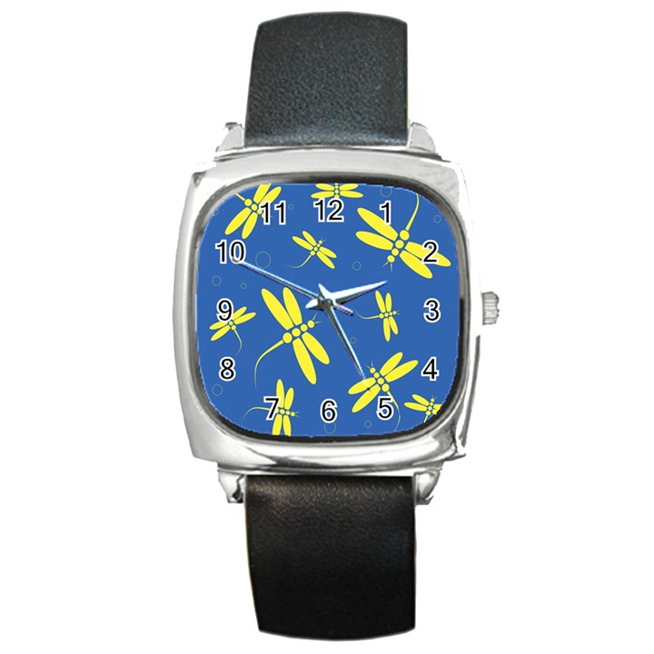 Blue and yellow dragonflies pattern Square Metal Watch