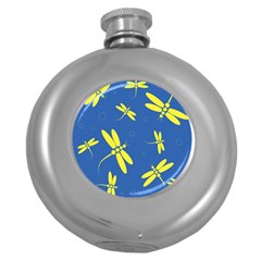 Blue And Yellow Dragonflies Pattern Round Hip Flask (5 Oz) by Valentinaart