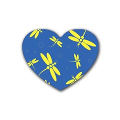 Blue And Yellow Dragonflies Pattern Rubber Coaster (heart) 