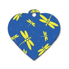 Blue And Yellow Dragonflies Pattern Dog Tag Heart (two Sides) by Valentinaart