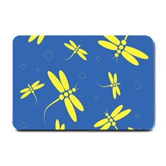 Blue And Yellow Dragonflies Pattern Small Doormat  by Valentinaart