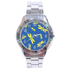 Blue And Yellow Dragonflies Pattern Stainless Steel Analogue Watch by Valentinaart