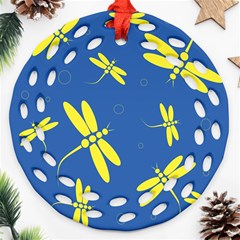 Blue And Yellow Dragonflies Pattern Ornament (round Filigree) 