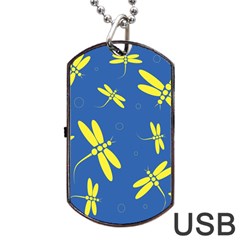 Blue And Yellow Dragonflies Pattern Dog Tag Usb Flash (two Sides)  by Valentinaart