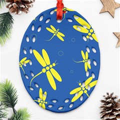 Blue And Yellow Dragonflies Pattern Oval Filigree Ornament (2-side)  by Valentinaart