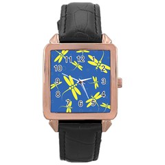 Blue And Yellow Dragonflies Pattern Rose Gold Leather Watch  by Valentinaart