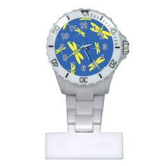 Blue And Yellow Dragonflies Pattern Plastic Nurses Watch by Valentinaart