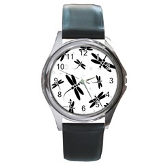 Black And White Dragonflies Round Metal Watch by Valentinaart