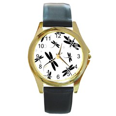 Black And White Dragonflies Round Gold Metal Watch by Valentinaart