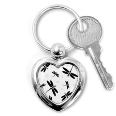 Black And White Dragonflies Key Chains (heart)  by Valentinaart