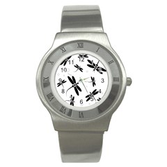 Black And White Dragonflies Stainless Steel Watch by Valentinaart