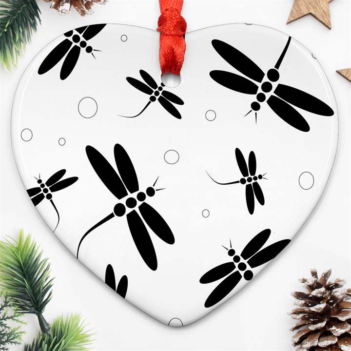 Black and white dragonflies Heart Ornament (2 Sides)