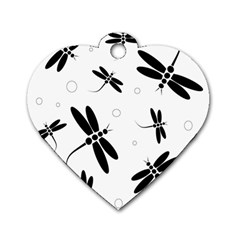 Black And White Dragonflies Dog Tag Heart (one Side)