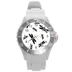 Black And White Dragonflies Round Plastic Sport Watch (l)