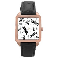 Black And White Dragonflies Rose Gold Leather Watch 