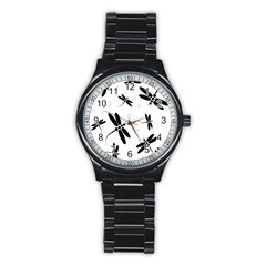 Black And White Dragonflies Stainless Steel Round Watch