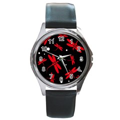 Red, Black And White Dragonflies Round Metal Watch by Valentinaart