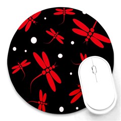 Red, Black And White Dragonflies Round Mousepads