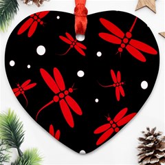 Red, Black And White Dragonflies Ornament (heart)  by Valentinaart