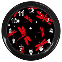 Red, Black And White Dragonflies Wall Clocks (black)