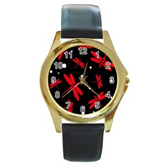 Red, Black And White Dragonflies Round Gold Metal Watch by Valentinaart