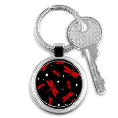 Red, Black And White Dragonflies Key Chains (round)  by Valentinaart