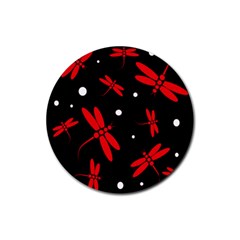 Red, Black And White Dragonflies Rubber Coaster (round)  by Valentinaart