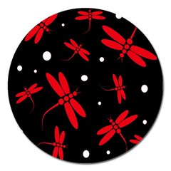 Red, Black And White Dragonflies Magnet 5  (round) by Valentinaart