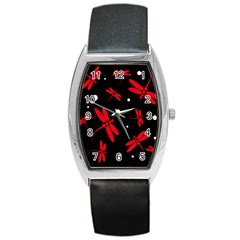 Red, Black And White Dragonflies Barrel Style Metal Watch by Valentinaart