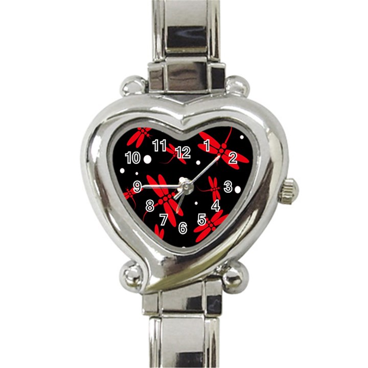 Red, black and white dragonflies Heart Italian Charm Watch