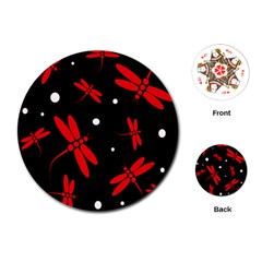 Red, Black And White Dragonflies Playing Cards (round) 