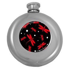 Red, Black And White Dragonflies Round Hip Flask (5 Oz)