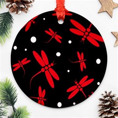 Red, Black And White Dragonflies Round Ornament (two Sides) 